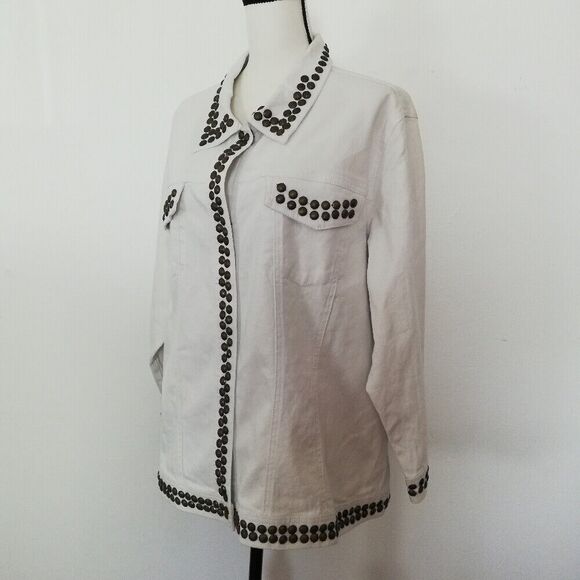 DG2 Diane Gilman Heavily Embellished Studded White Denim Snap Down Jacket 2X - Picture 3 of 9